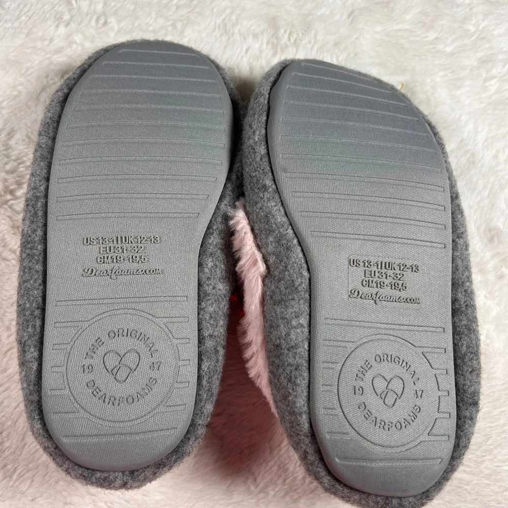 Dluze by Dearfoams Memory Foam Slippers Pink Bow Gray Cozy Plush‎ Size US 13-1